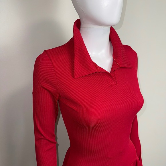 Commense Red Ribbed Knit Mini Dress Long Sleeve Polo Collar Fit and Flare Small - Picture 11 of 17